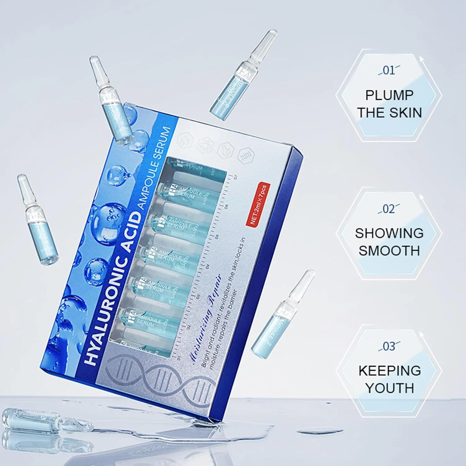 سرم آمپول اسید هیالورونیک LBOYLOVE®، 7 عدد سرم صورت غلیظ اسید هیالورونیک برای زنان و مردان، مرطوب کننده عمیق، ضد پیری و صاف کننده چین و چروک، سرم مراقبت از پوست صورت برای انواع پوست، 7x2ml