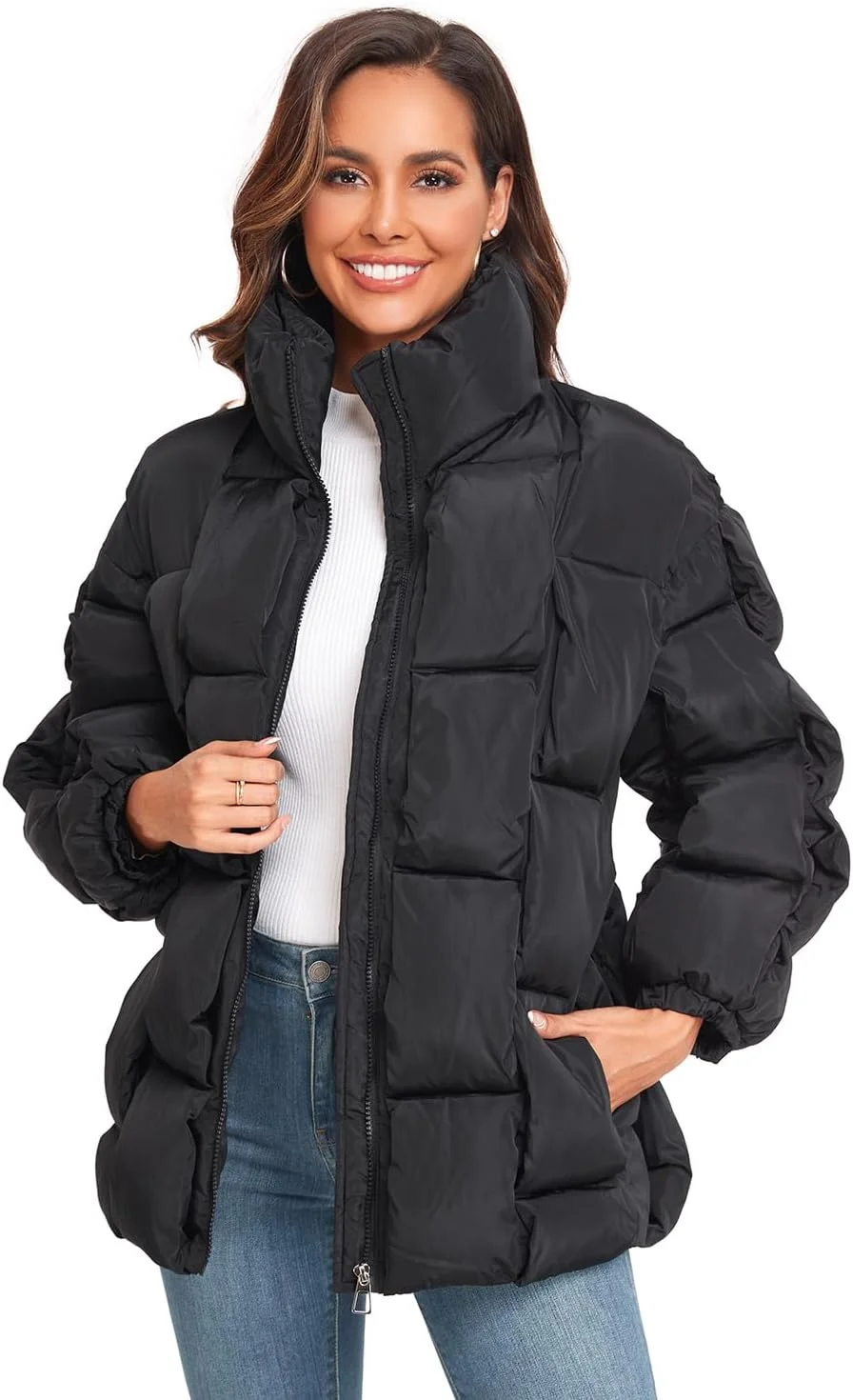 کاپشن پفی زنانه اپسیون، زمستانی، غیر رسمی، آستین بلند، زیپ کامل، یقه ایستاده، جیب دار، کت های لحافی، لباس بیرونی