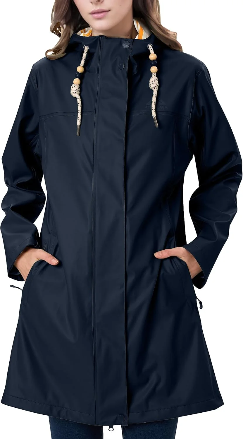 بارانی زنانه EnduaReve، کت بارانی بلند ضد آب PU، ژاکت انتقالی آستر دار، ژاکت فضای باز، پیاده روی در فضای باز