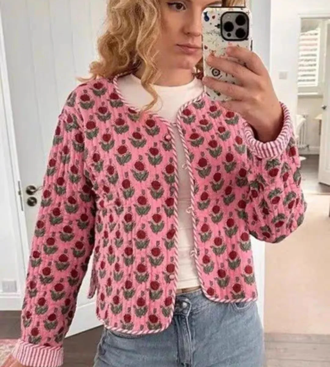 کت پفی بدون آستین زنانه Dynict، سبک وزن، طرح دار، بند دار توری گلدار، شیک و گرم