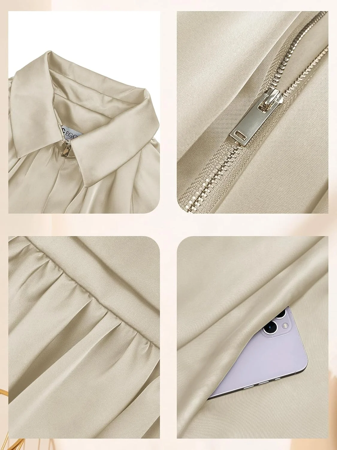 EGOCKAL ژاکت بمب افکن ساتن پفی زنانه، آستین خفاشی بزرگ، یقه برگردان، پلیسه دار، زیپ دار