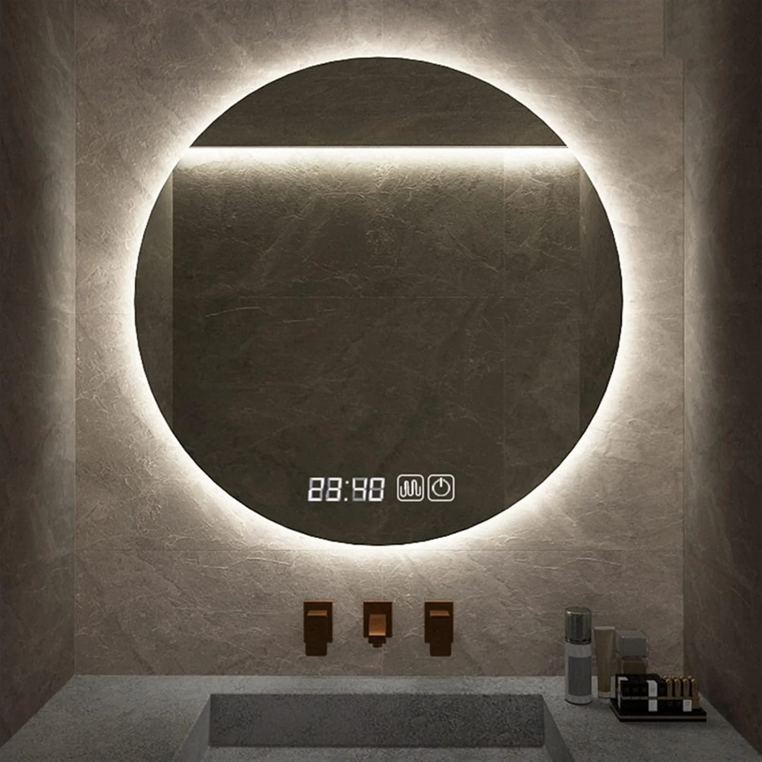 آینه های آرایشی تیاندی‌اف‌وای، آینه گرد دیواری چسبی مناسب حمام و میز آرایش با نور پس زمینه