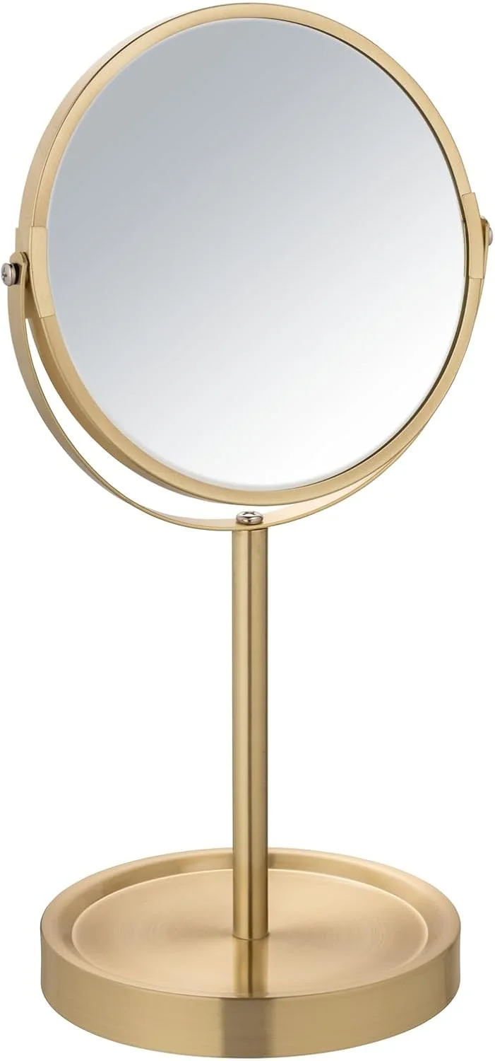 آینه آرایشی ایستاده ونکو مدل Alata طلایی مات با بزرگنمایی 3 برابر و چرخش مداوم به همراه قفسه با قطر 17 سانتی متر