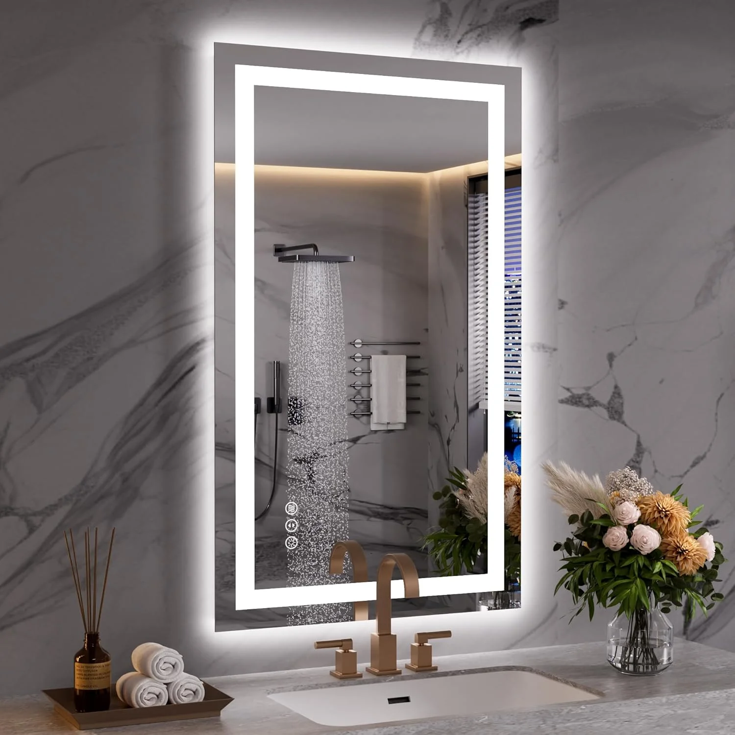 آینه حمام LED دار WEER، 50x70 سانتی متر، آینه روشویی دیواری، 3 رنگ قابل تنظیم، نور پس زمینه دار، پد ضد بخار، شیشه سکوریت HD IP44، عمودی یا افقی