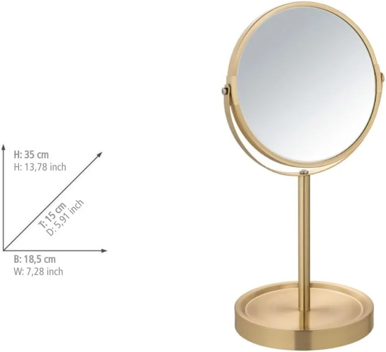 آینه آرایشی ایستاده ونکو مدل Alata طلایی مات با بزرگنمایی 3 برابر و چرخش مداوم به همراه قفسه با قطر 17 سانتی متر