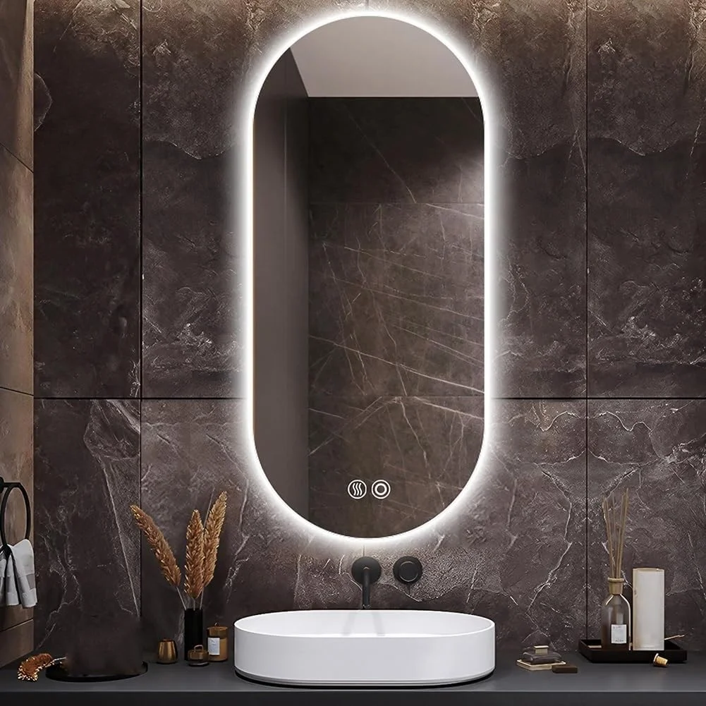 آینه حمام LED ضد آب 50 در 70 سانتی متر، آینه آرایشی چند منظوره بدون قاب دیواری با ضد مه، بیضی شکل، 3 رنگ قابل تنظیم آینه حمام LED ضد آب 50 در 70 سانتی متر، آینه آرایشی چند منظوره بدون قاب دیواری با ضد مه، بیضی شکل، 3 رنگ قابل تنظیم