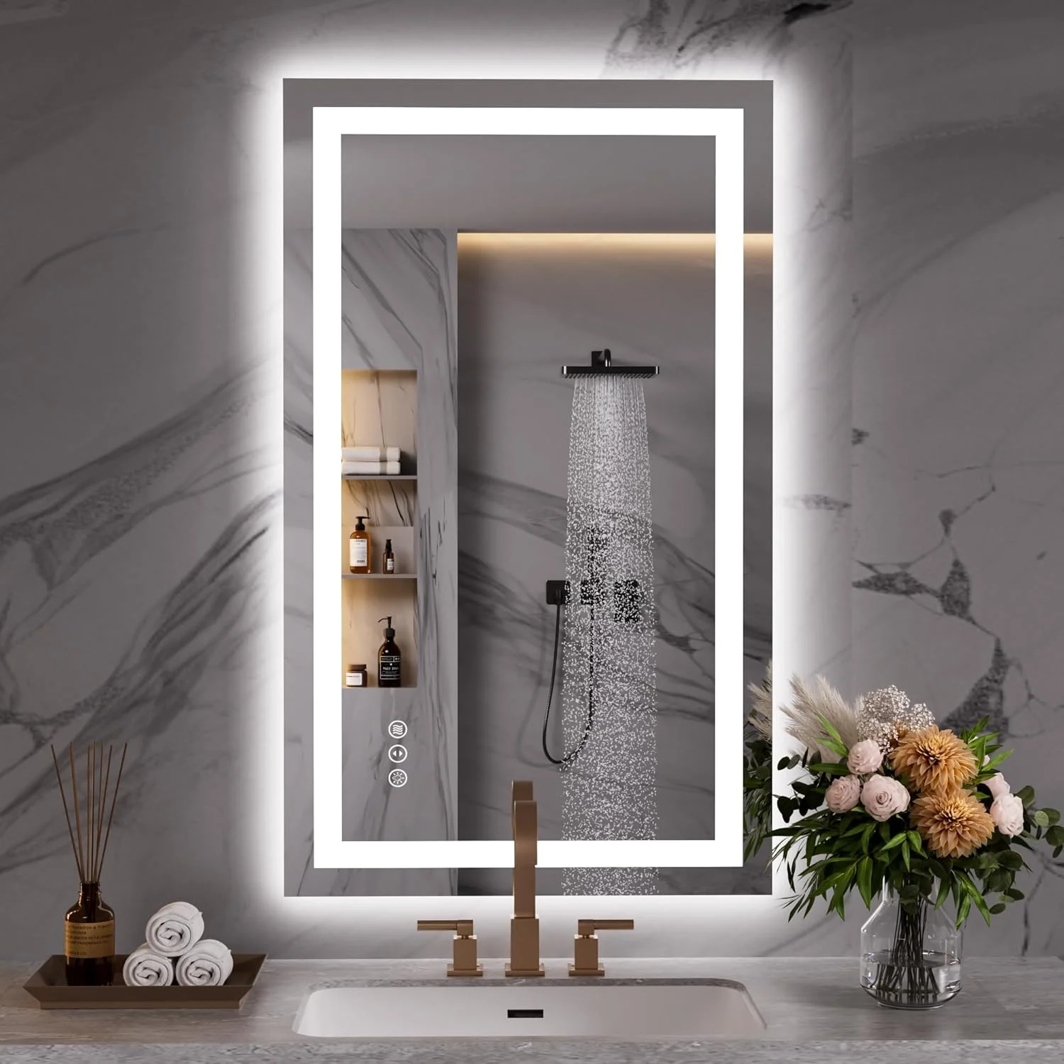 آینه حمام LED دار WEER، آینه روشویی دیواری 60x80 سانتی متر، 3 رنگ قابل تنظیم، نور پس زمینه دار، پد ضد بخار، شیشه سکوریت HD IP44، عمودی یا افقی