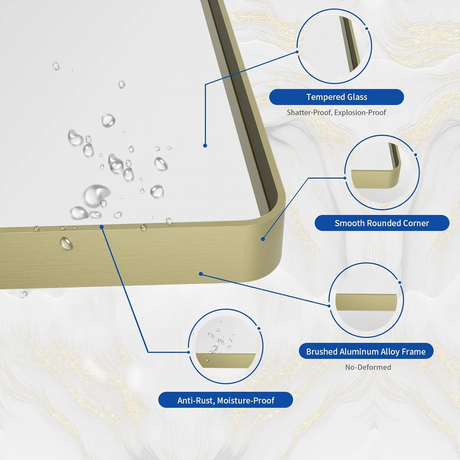 آینه طلایی حمام WEER، 50x75 سانتی متر، قاب فلزی طلایی برس خورده، آینه روشویی مستطیلی گرد طلایی برای دیوار، شیشه حرارت دیده، ضد زنگ، نصب افقی یا عمودی