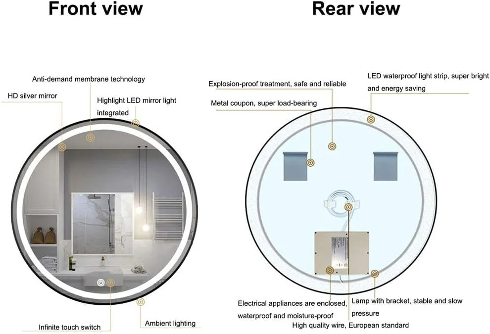 آینه گرد LED حمام Zsmzbx، آینه دیواری، آینه روشویی هوشمند LED ضد مه نورانی، تغییر دمای رنگ با کلید لمسی دیمر، با نگهدارنده آینه، IP44، سفید، 80 سانتی متر آینه گرد LED حمام Zsmzbx، آینه دیواری، آینه روشویی هوشمند LED ضد مه نورانی، تغییر دمای رنگ با کلید لمسی دیمر، با نگهدارنده آینه، IP44، سفید، 80 سانتی متر