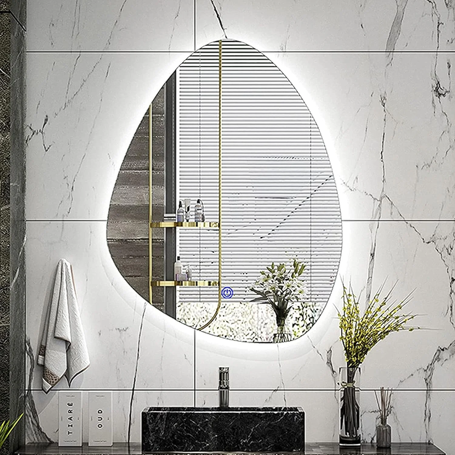 آینه حمام LED مدل ZZYYZZ با نور پس زمینه قطره‌ای شکل، آینه هوشمند مدرن حمام با کلید لمسی داخلی، آینه آرایشی دیواری با نور سه رنگ، آویز، 60 * 80 سانتی‌متر