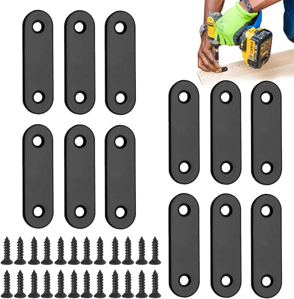 HASTHIP® 12 عدد بست تخت مستقیم استیل ضد زنگ با پیچ، صفحات تعمیر مبلمان 50 میلی متری، صفحات فلزی مشکی گوشه ای برای تعمیر چوب، قاب تخت، تخته، کابینت، قفسه ها