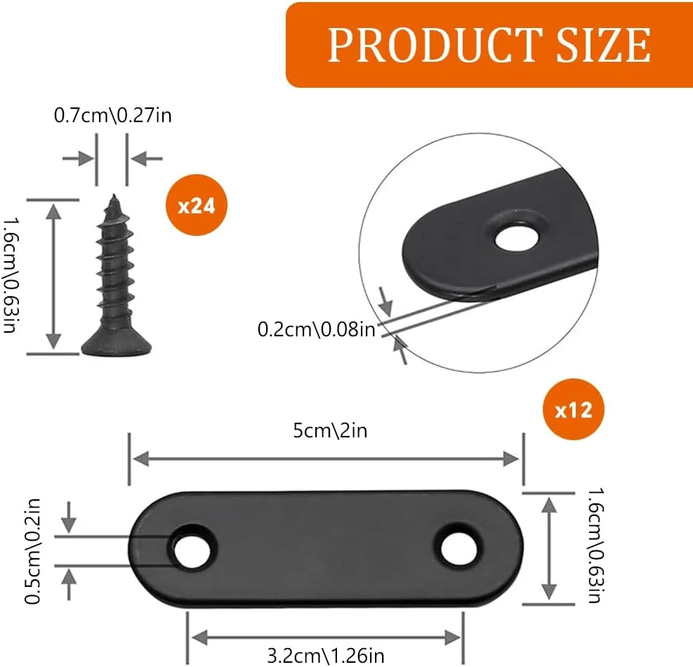 HASTHIP® 12 عدد بست تخت مستقیم استیل ضد زنگ با پیچ، صفحات تعمیر مبلمان 50 میلی متری، صفحات فلزی مشکی گوشه ای برای تعمیر چوب، قاب تخت، تخته، کابینت، قفسه ها
