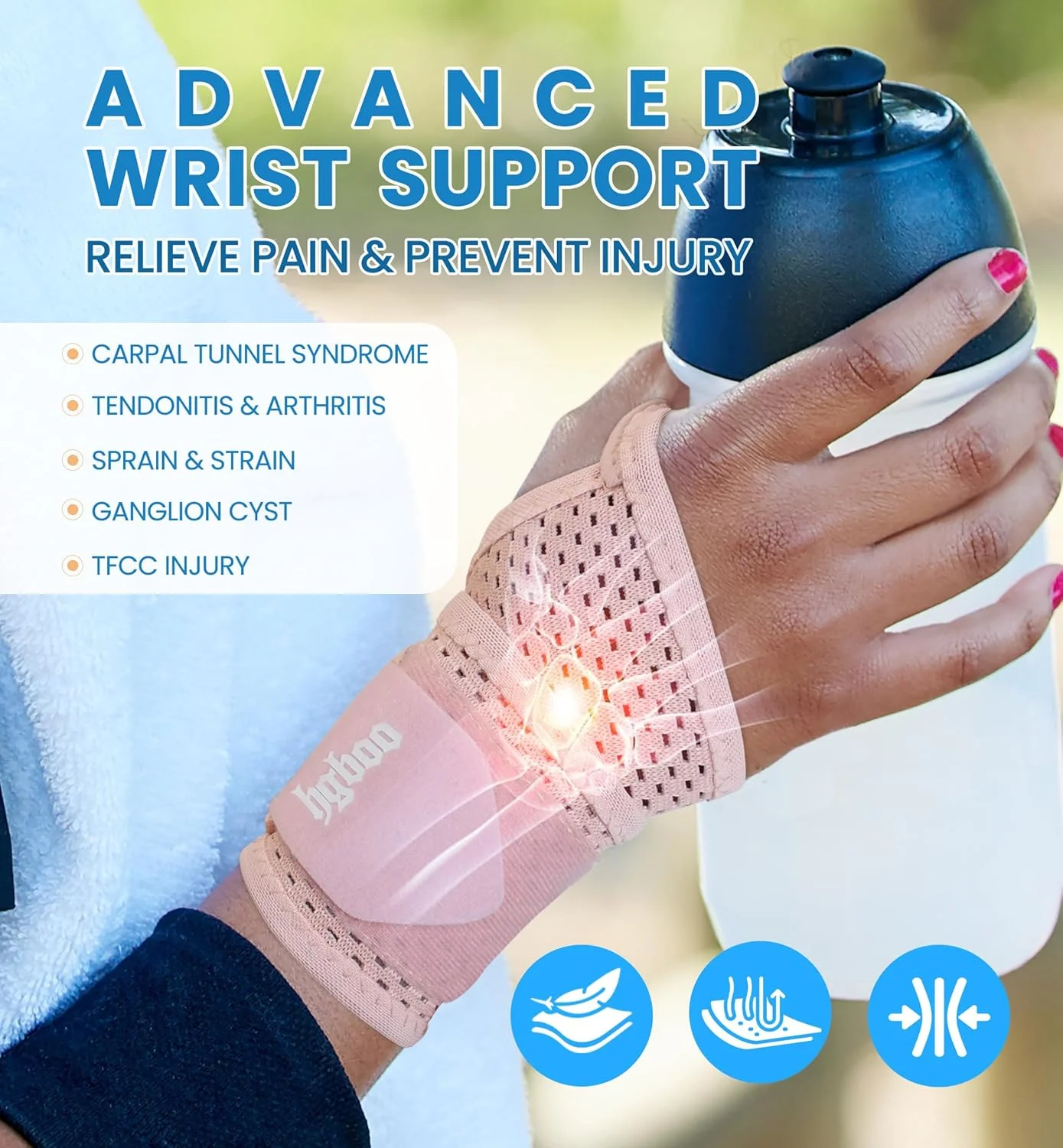 مچ بند فوق العاده نازک HGBOO بسته 2 عددی، پشتیبانی از پارچه توری تنفسی راحت برای تسکین درد - ایده آل برای تونل کارپال، تاندونیت، ورزش، تناسب اندام و استفاده روزانه - مچ بند قابل تنظیم (صورتی)