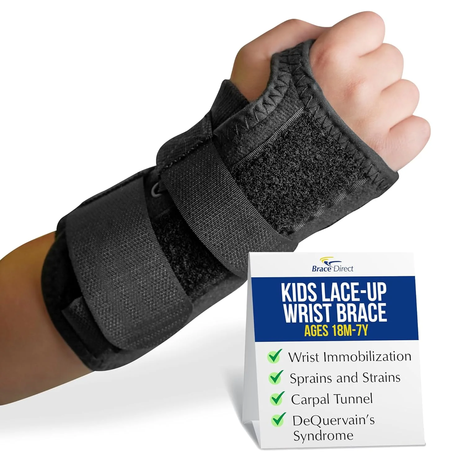 مچ بند توری کودکانه Brace Direct برای بی حرکت کردن مچ دست، رگ به رگ شدن و کشیدگی، سندرم تونل کارپال و سندرم دکوروان - سایزهای اطفال موجود در مچ دست چپ یا راست