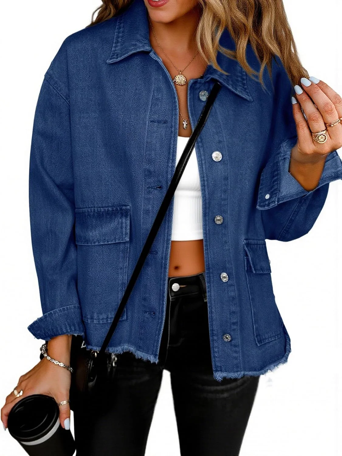 Glamaker کت جین زنانه، کت کوتاه غیر رسمی، کت جین دکمه دار، مدل قدیمی، گشاد، لبه ریش ریش، کت پاییزی با جیب