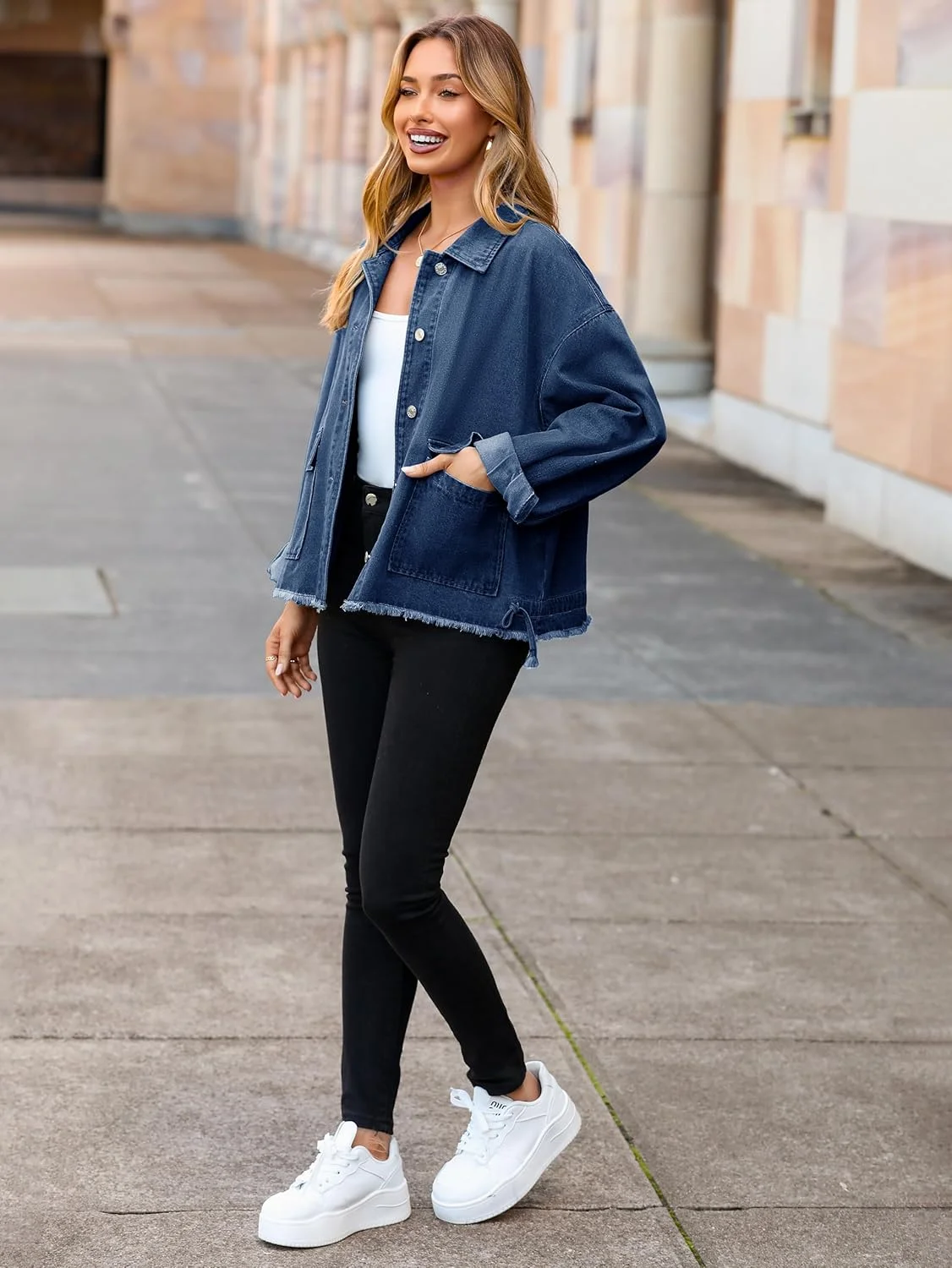 Glamaker کت جین زنانه، کت کوتاه غیر رسمی، کت جین دکمه دار، مدل قدیمی، گشاد، لبه ریش ریش، کت پاییزی با جیب