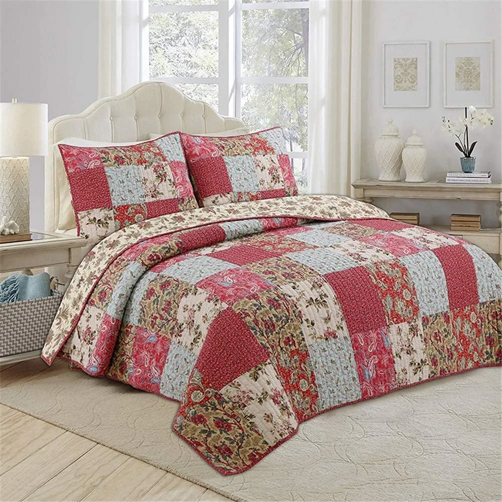 روتختی تکه دوزی شده کینگ سایز 3 تکه قرمز، پتوی تخت خواب به سبک بوهو، لحاف سبک وزن با 2 روبالشتی 230x250 سانتی متر