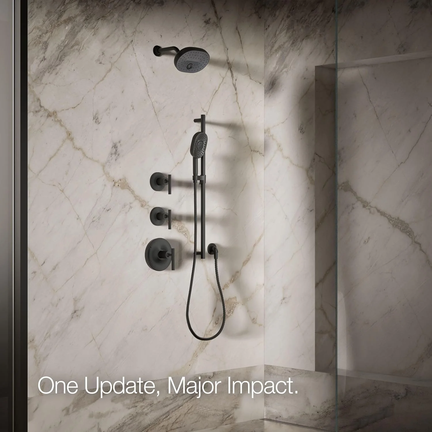 سردوش چند منظوره Kohler 26290-BL مدل Statement، نصب دیواری، 3 حالت اسپری، 9.5 لیتر در دقیقه، مشکی مات سردوش چند منظوره Kohler 26290-BL مدل Statement، نصب دیواری، 3 حالت اسپری، 9.5 لیتر در دقیقه، مشکی مات
