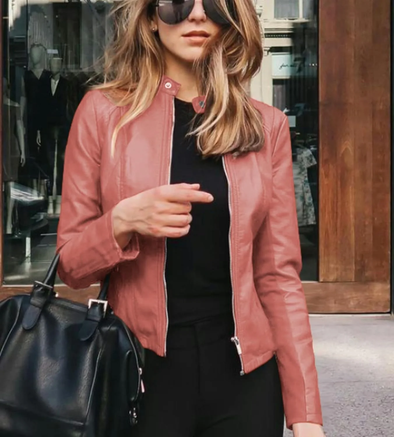 کت چرمی زنانه، ترندی و مناسب خیابان، پاییز و زمستان، زیپ کامل، یقه ایستاده، چرم مصنوعی باریک