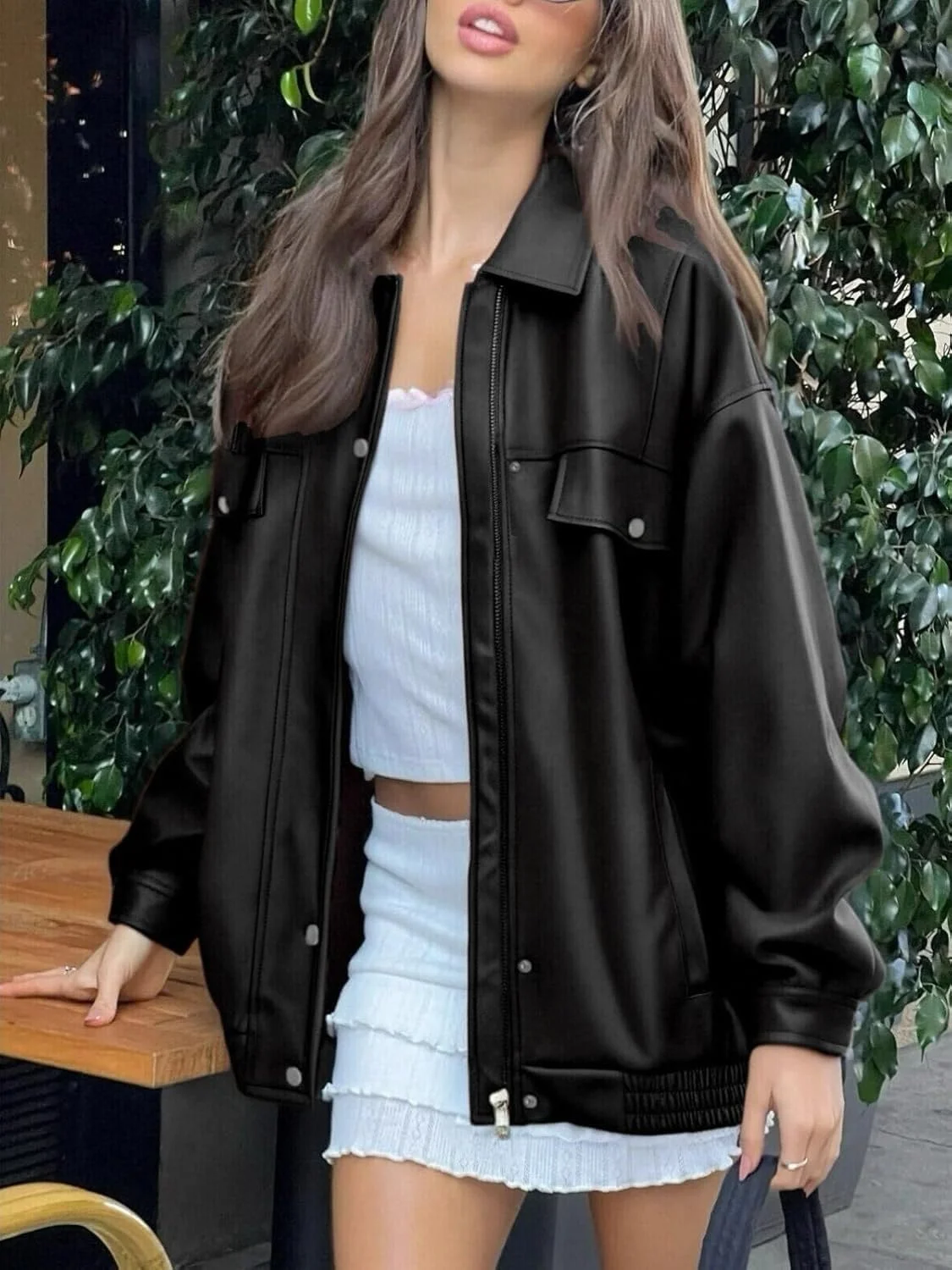 کت چرمی زنانه hathne، سایز بزرگ، آستین بلند، طرح موتورسواری، کت بلیزر چرم مصنوعی