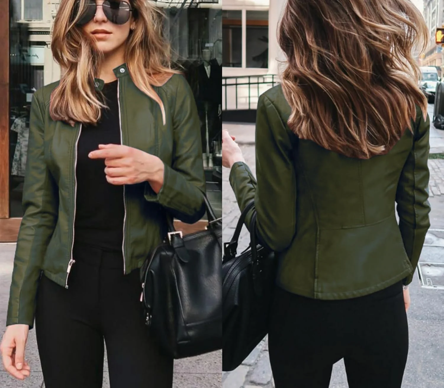 کت چرمی زنانه، ترندی و مناسب خیابان، پاییز و زمستان، زیپ کامل، یقه ایستاده، چرم مصنوعی باریک