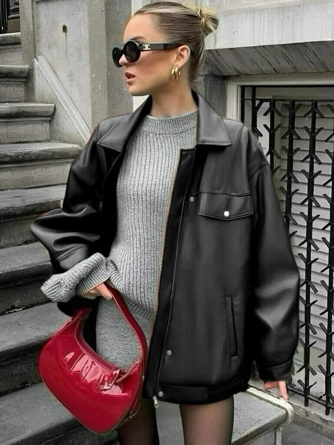 کت چرمی زنانه hathne، سایز بزرگ، آستین بلند، طرح موتورسواری، کت بلیزر چرم مصنوعی