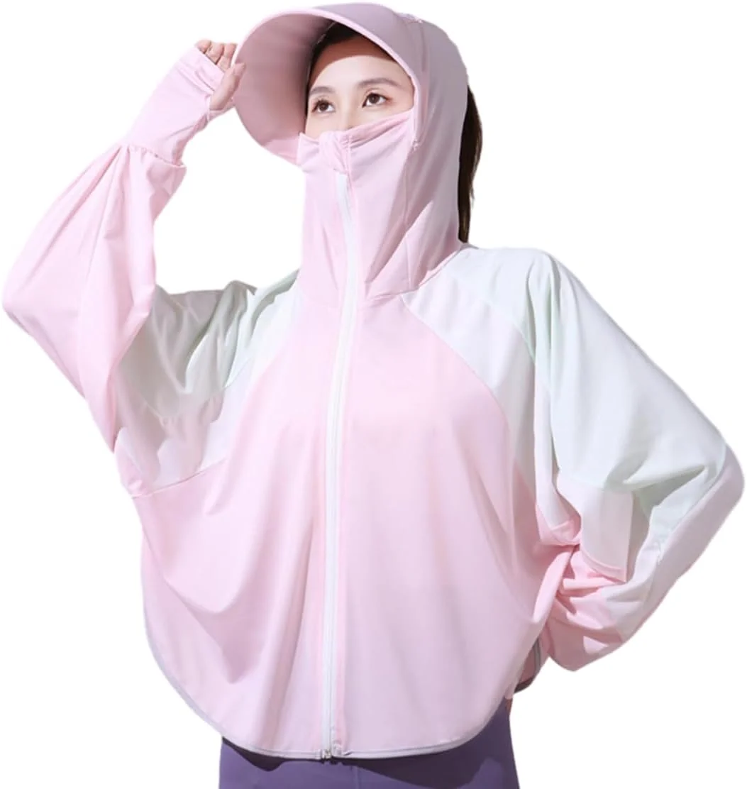 HANNEA® ژاکت هودی محافظ آفتاب زنانه، سبک وزن UPE50+، کت مسدود کننده نور خورشید با جیب، آستین بلند، مناسب پیاده روی و فعالیت های خارج از منزل با ماسک صورت - صورتی، تک سایز