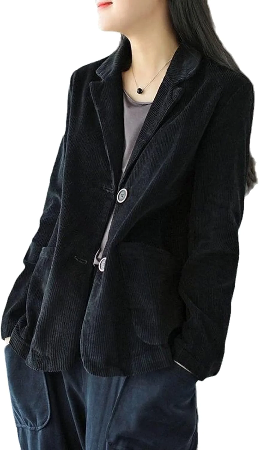 کت زنانه مخملی کبریتی یکپارچه یقه دار، خیابانی، شیک و هنری، دو دکمه، جیب دار، کژوال