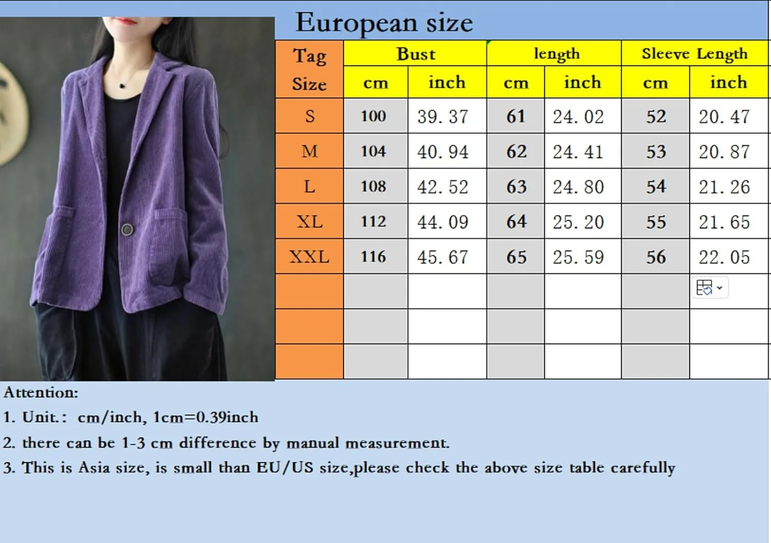 کت زنانه مخملی کبریتی یکپارچه یقه دار، خیابانی، شیک و هنری، دو دکمه، جیب دار، کژوال