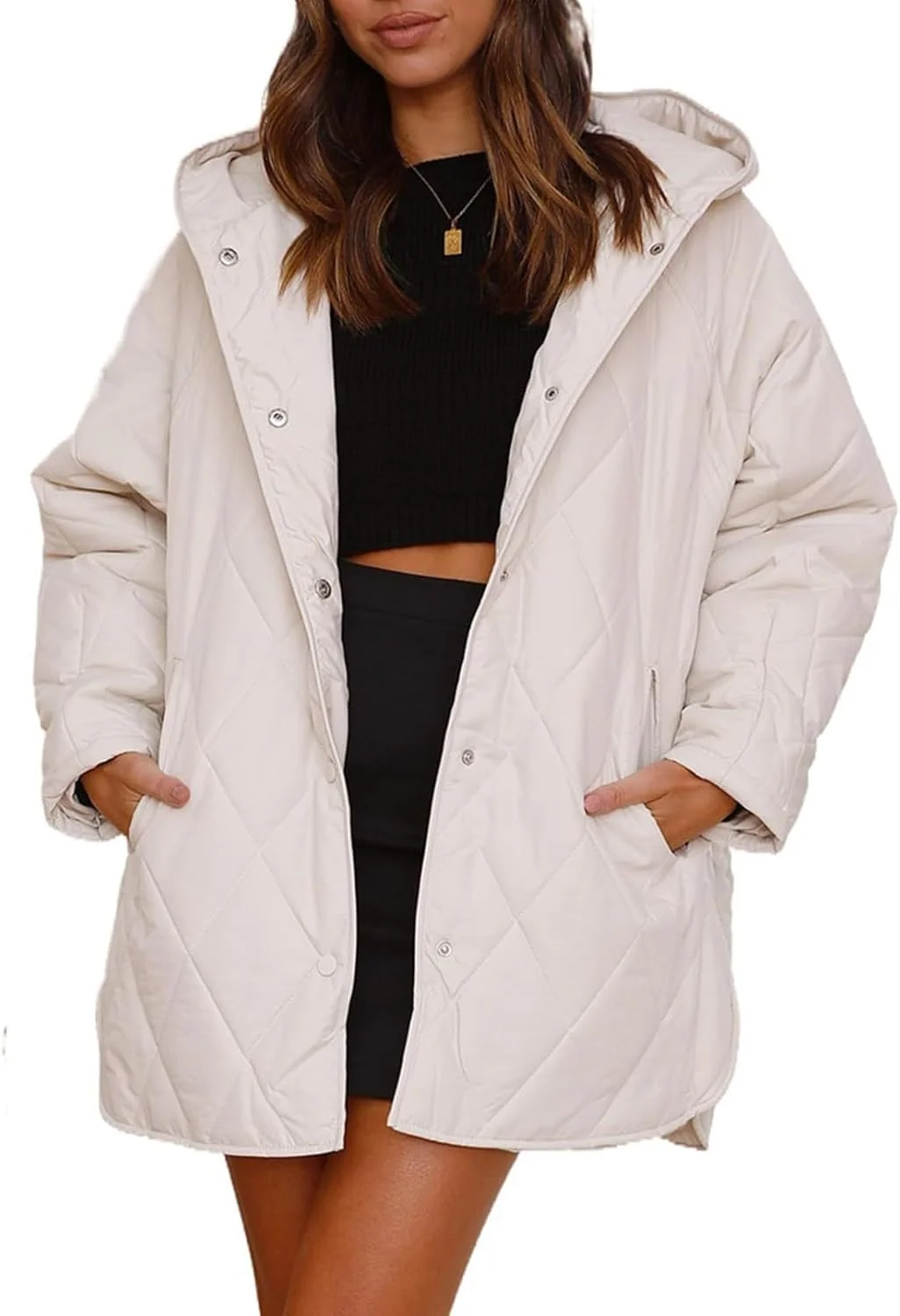 کت های بلند HaiDu برای زنان، مد زمستان 2023، کت های تجاری غیررسمی الماسی، کاپشن های سبک وزن کلاه دار برای زنان (رنگ: سفید، سایز: X-Large)
