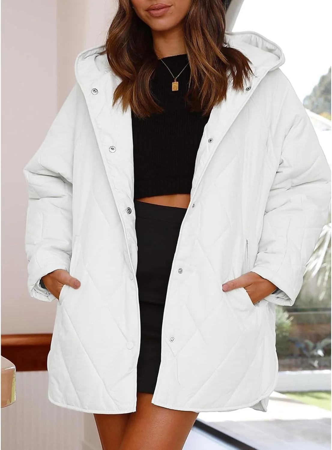 کت های بلند HaiDu برای زنان، مد زمستان 2023، کت های تجاری غیررسمی الماسی، کاپشن های سبک وزن کلاه دار برای زنان (رنگ: سفید، سایز: X-Large)