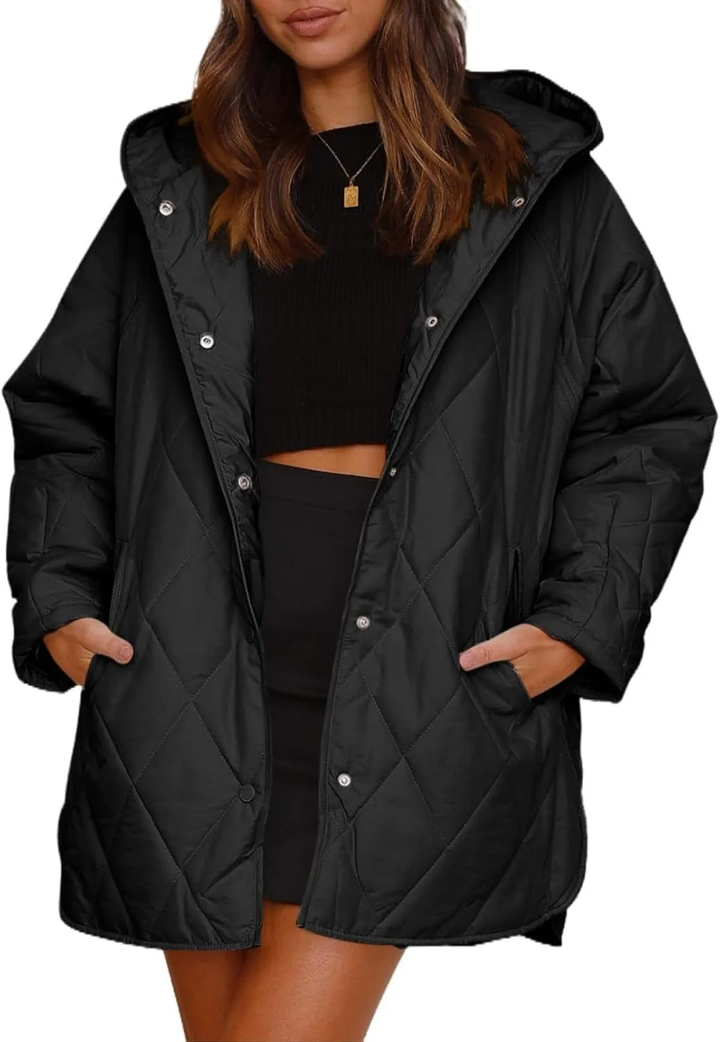 کت های بلند زنانه HaiDu، مد زمستانی 2023، کت های تجاری غیر رسمی الماسی، کاپشن های سبک وزن کلاه دار برای زنان (رنگ: مشکی، سایز: متوسط)