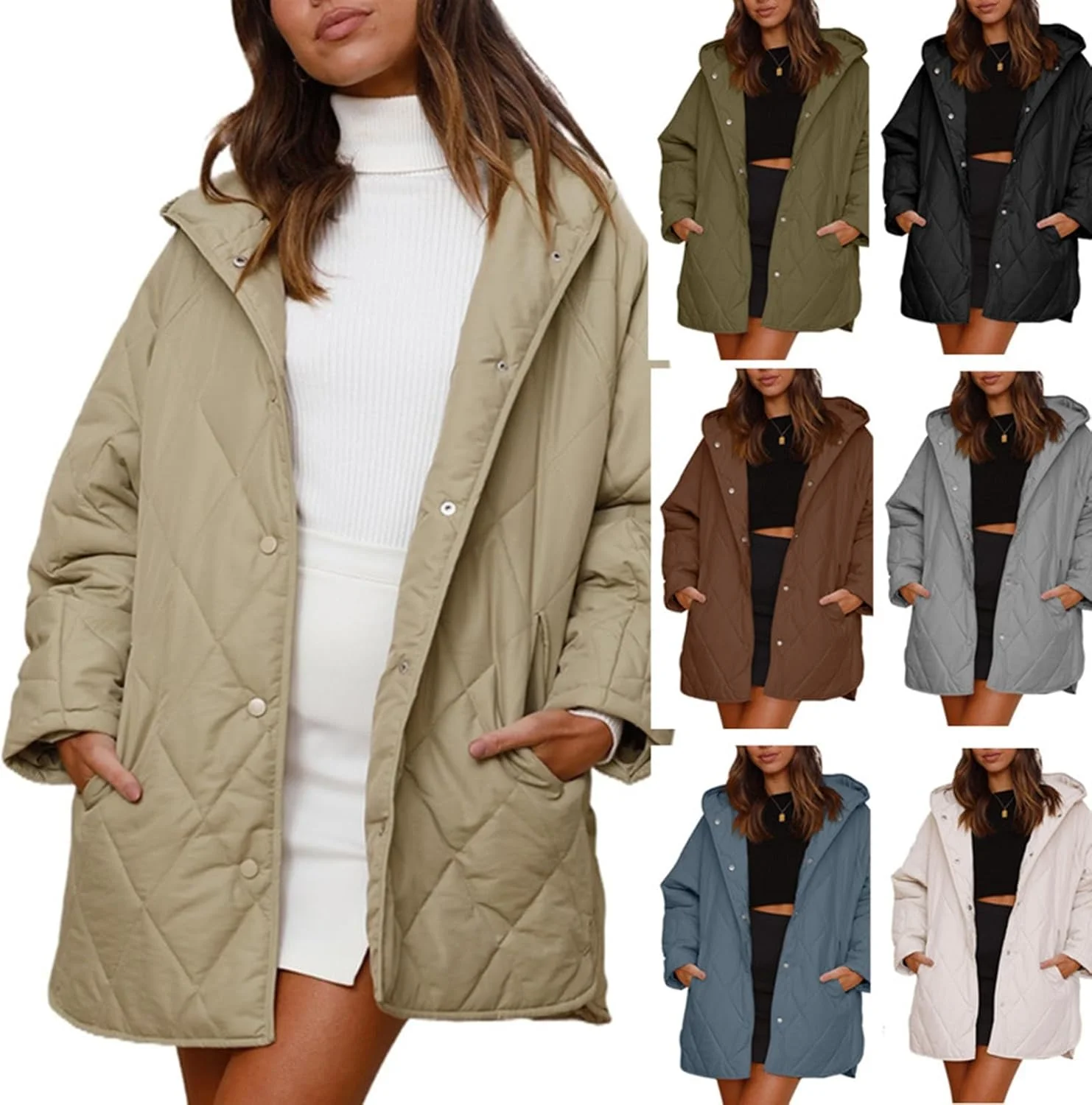 کت های بلند زنانه HaiDu، مد زمستانی 2023، کت های تجاری غیر رسمی الماسی، کاپشن های سبک وزن کلاه دار برای زنان (رنگ: آبی، سایز: بزرگ)