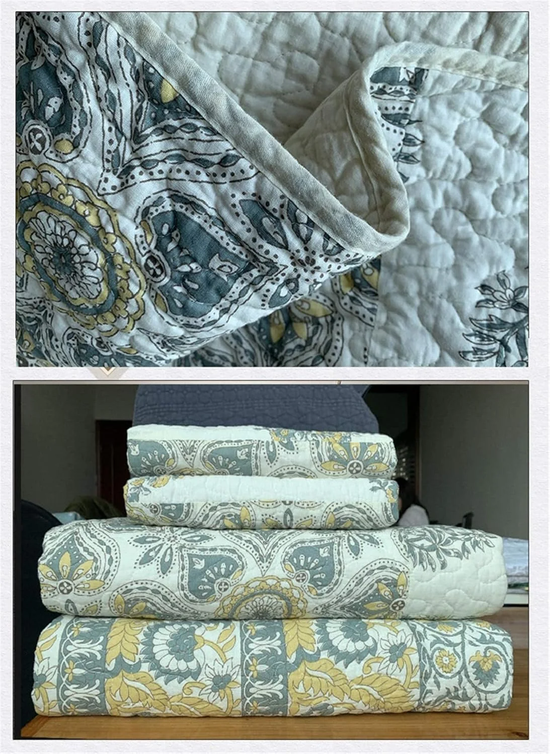 روتختی تکه دوزی شده طرح دار سایز سوپر کینگ، ست 3 تکه، طرح شیک و کهنه نما، خاکستری آبی، طرح گلدار، رو تختی پنبه ای به همراه 2 روبالشتی، 250x270 سانتی متر