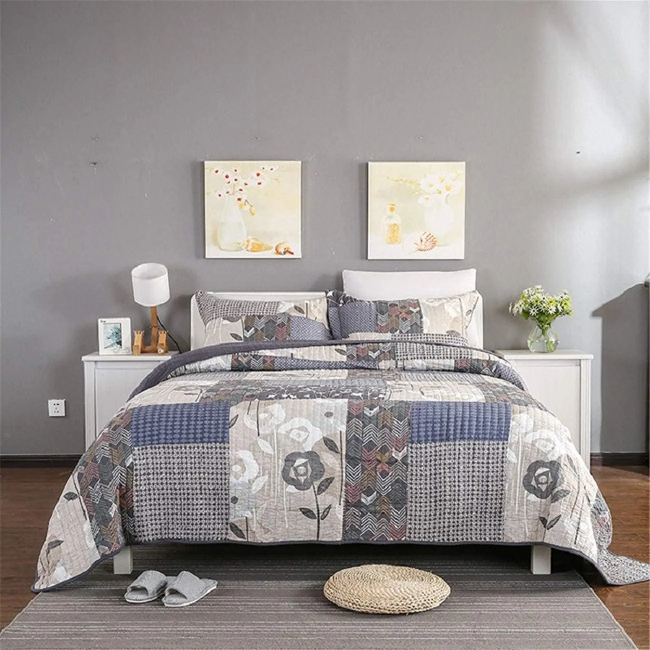 روتختی تکه دوزی شده سوپر کینگ سایز، روکش تخت 3 تکه، روتختی پنبه ای با روبالشی، پتوی تخت خواب دو رو