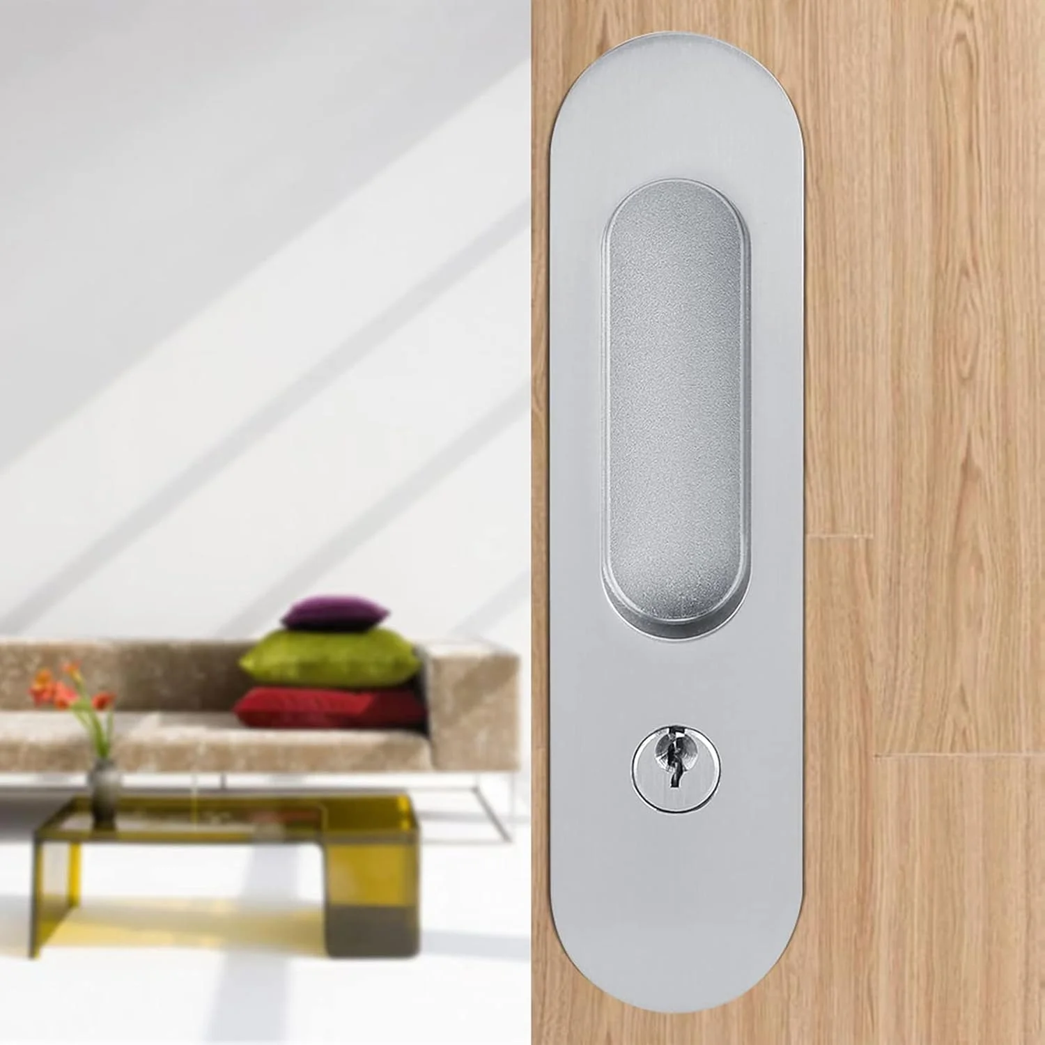 قفل درب کشویی آلیاژ آلومینیوم، دستگیره خارجی ضد سرقت درب کشویی با کلید، قطعات جایگزین قفل برای سخت افزار مبلمان چوبی انبار (نقره ای برس خورده)