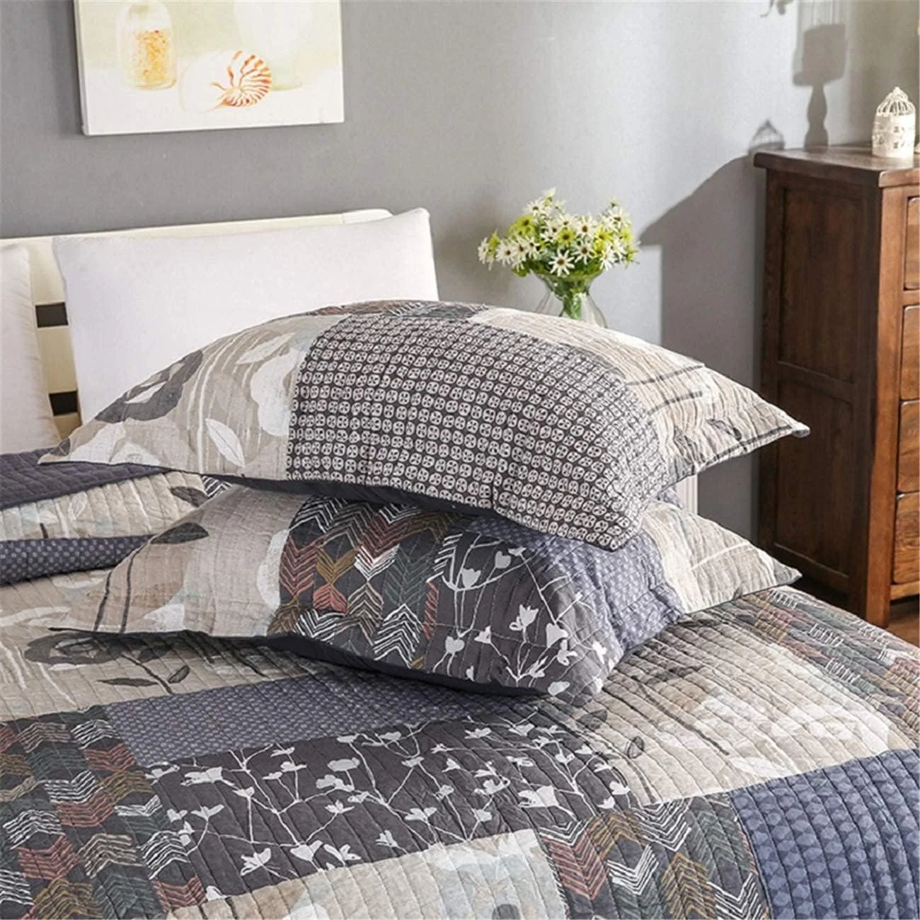 روتختی تکه دوزی شده سوپر کینگ سایز، روکش تخت 3 تکه، روتختی پنبه ای با روبالشی، پتوی تخت خواب دو رو