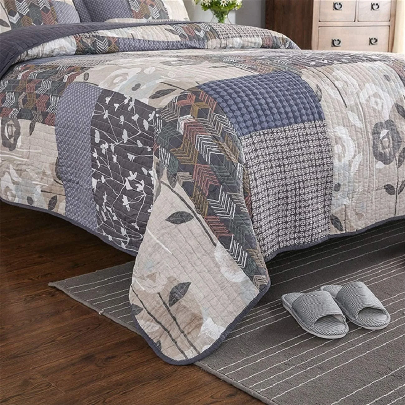 روتختی تکه دوزی شده سوپر کینگ سایز، روکش تخت 3 تکه، روتختی پنبه ای با روبالشی، پتوی تخت خواب دو رو