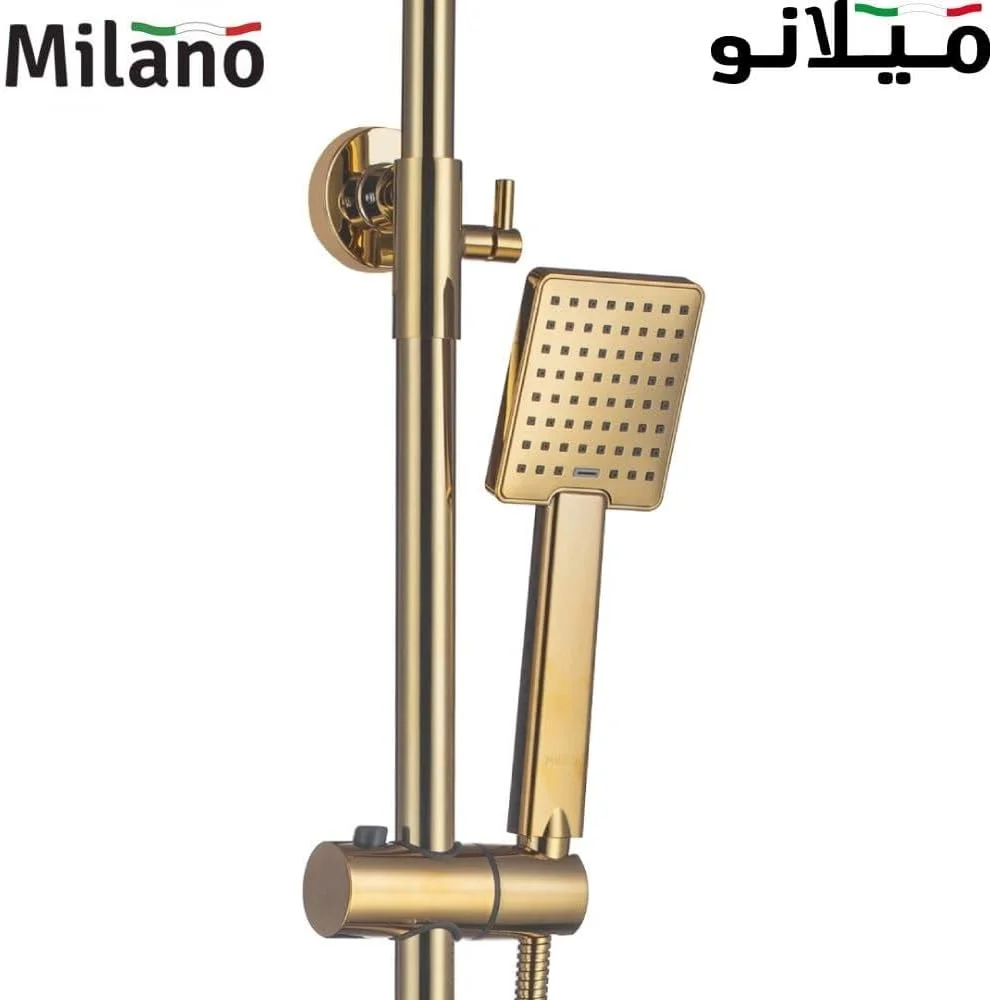ست کامل ستون دوش بارانی Milano Vista - روکش طلایی | شیر دوش تنظیم فشار برنجی جامد | سیستم دوش بارانی دیواری برای حمام با دوش دستی قابل تنظیم ست کامل ستون دوش بارانی Milano Vista - روکش طلایی | شیر دوش تنظیم فشار برنجی جامد | سیستم دوش بارانی دیواری برای حمام با دوش دستی قابل تنظیم