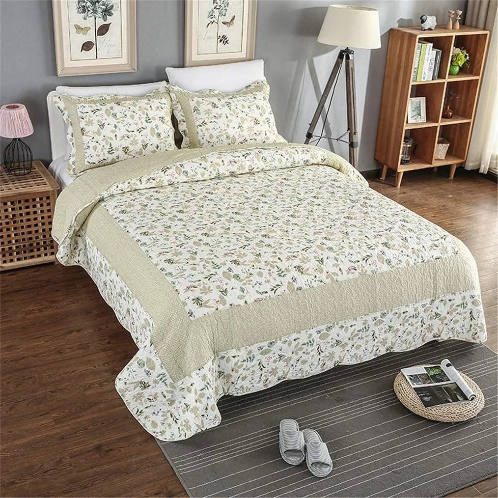 روتختی تکه دوزی شده طرح دار 3 تکه به همراه 2 روبالشتی، بژ، 230x250 سانتی متر