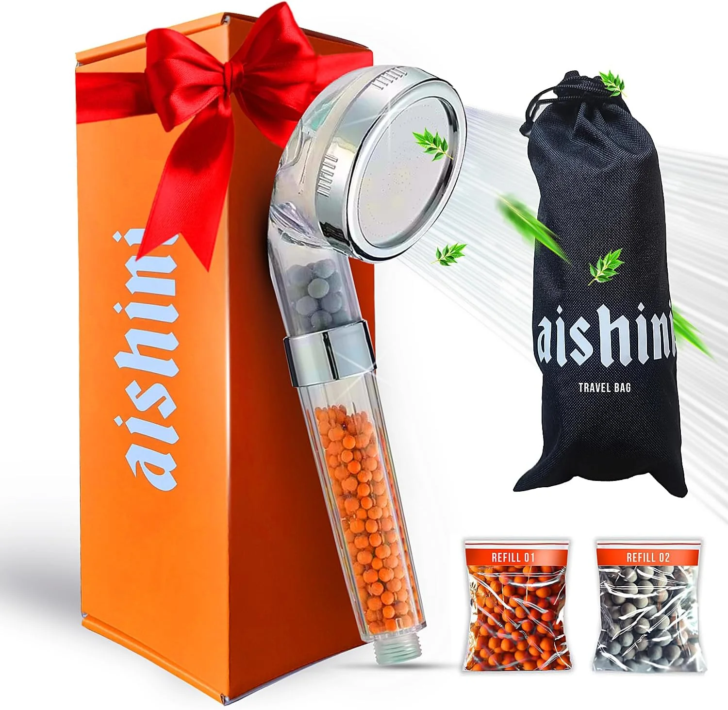 فیلتر دوش دستی آیشینی با سنگ های معدنی - دارای 3 حالت اسپری - 2 عدد فیلتر اضافی + 1 کیف مسافرتی، برای پوست و موی سالم - فیلتر صرفه جویی در آب، آب را تصفیه می کند - حذف کلر