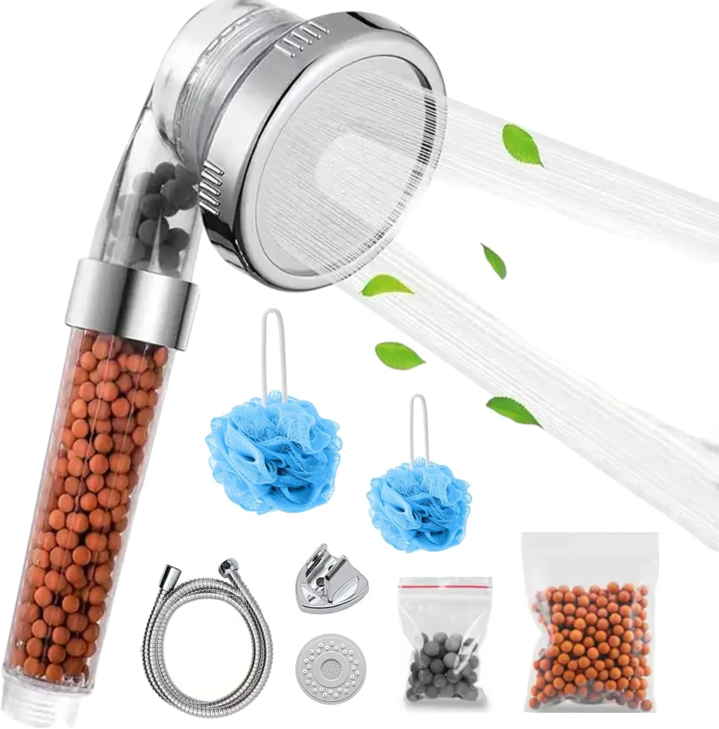 TERMEO - فیلتر سر دوش برای آب زنگ زده مناسب حمام - دستی، کمک به کاهش ریزش مو - فشار قوی، صرفه جویی در آب، شامل شلنگ، نگهدارنده دیواری، 2 عدد لیف بدن، توپ های فیلتراسیون، پنل