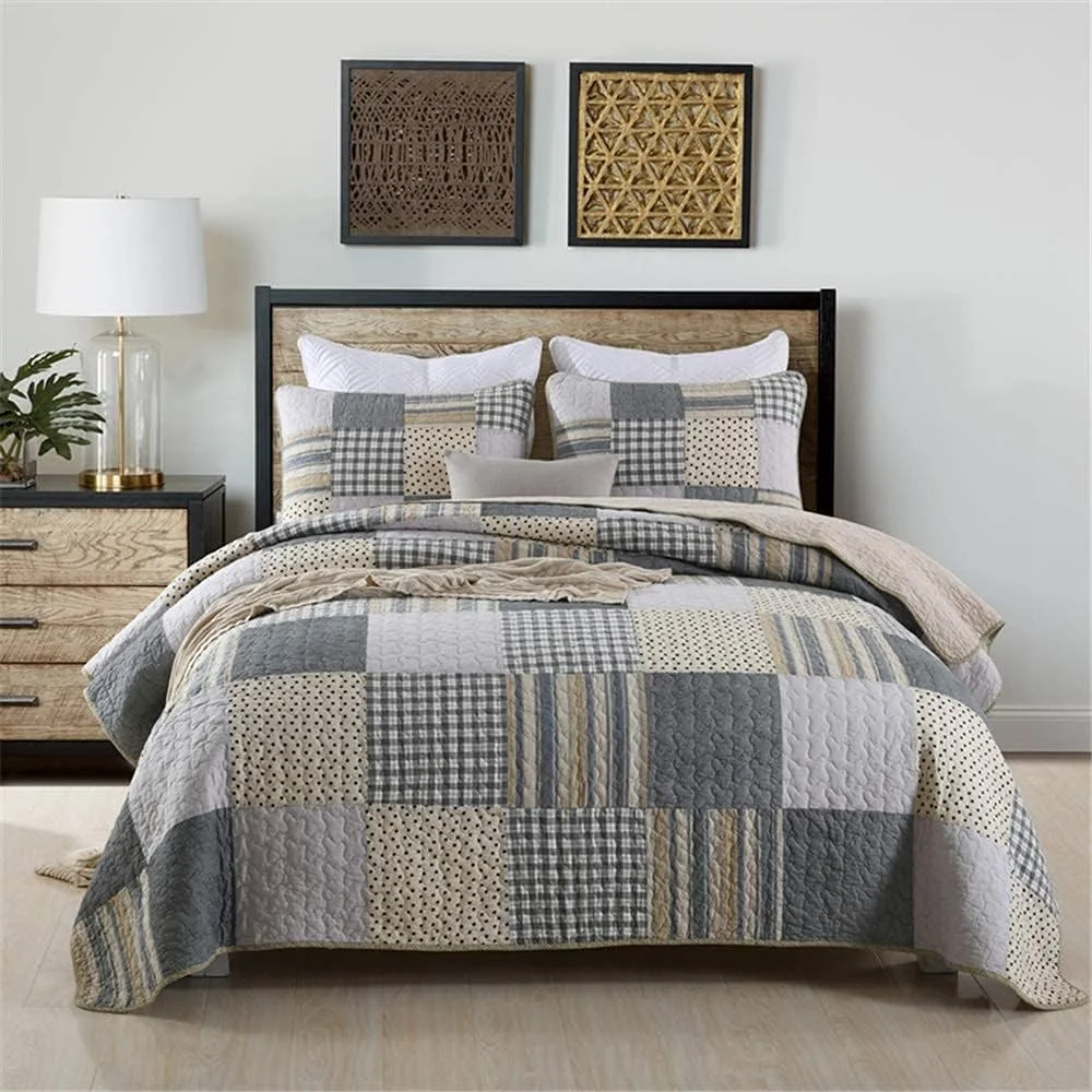 ست روتختی تکه دوزی شده سه تکه طرح نقطه ای آبی قهوه ای شامل لحاف و روبالشتی مناسب تخت دو نفره و کینگ سایز 230x250 سانتی متر