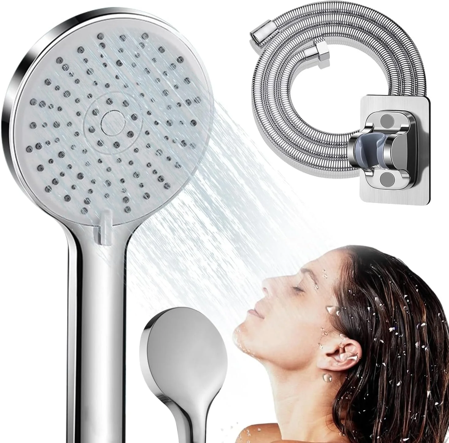 ست سردوش حمام، سردوش دستی 5 حالته با فشار بالا، با شلنگ استیل ضد زنگ فوق العاده بلند و براکت دیواری، برای حمام و اسپا، سردوش دستی مدرن نقره ای