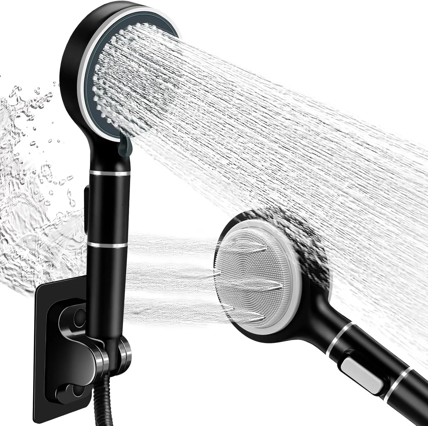 سری دوش فیلتردار با سر دوش دستی، سر دوش فشار قوی، ست سر دوش بارانی جداشدنی صرفه جویی در آب، کاهش خشکی و خارش پوست، 6 حالته با دستگیره قابل جابجایی و شلنگ 59 اینچی (مشکی)