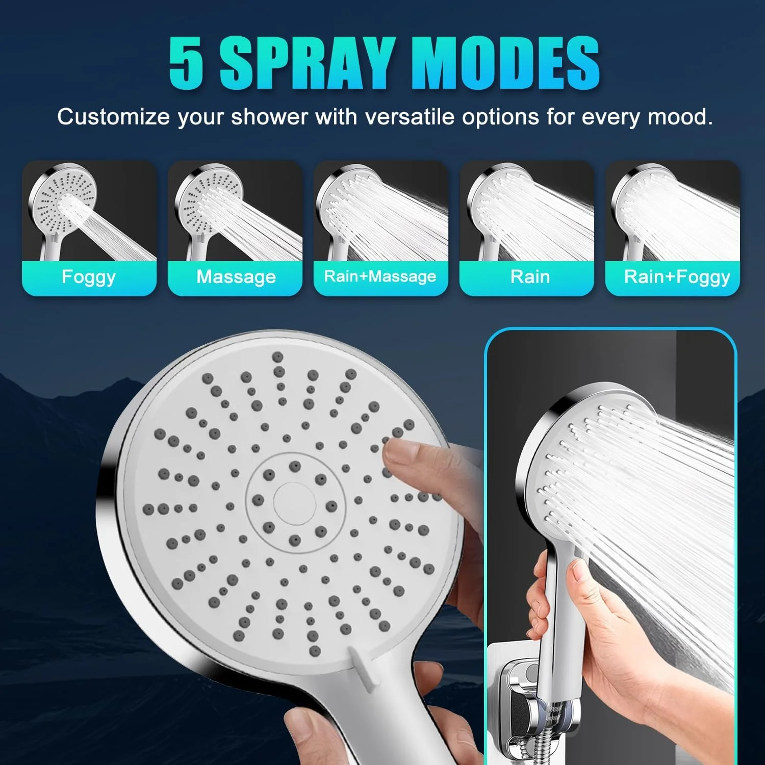 ست سردوش حمام، سردوش دستی 5 حالته با فشار بالا، با شلنگ استیل ضد زنگ فوق العاده بلند و براکت دیواری، برای حمام و اسپا، سردوش دستی مدرن نقره ای