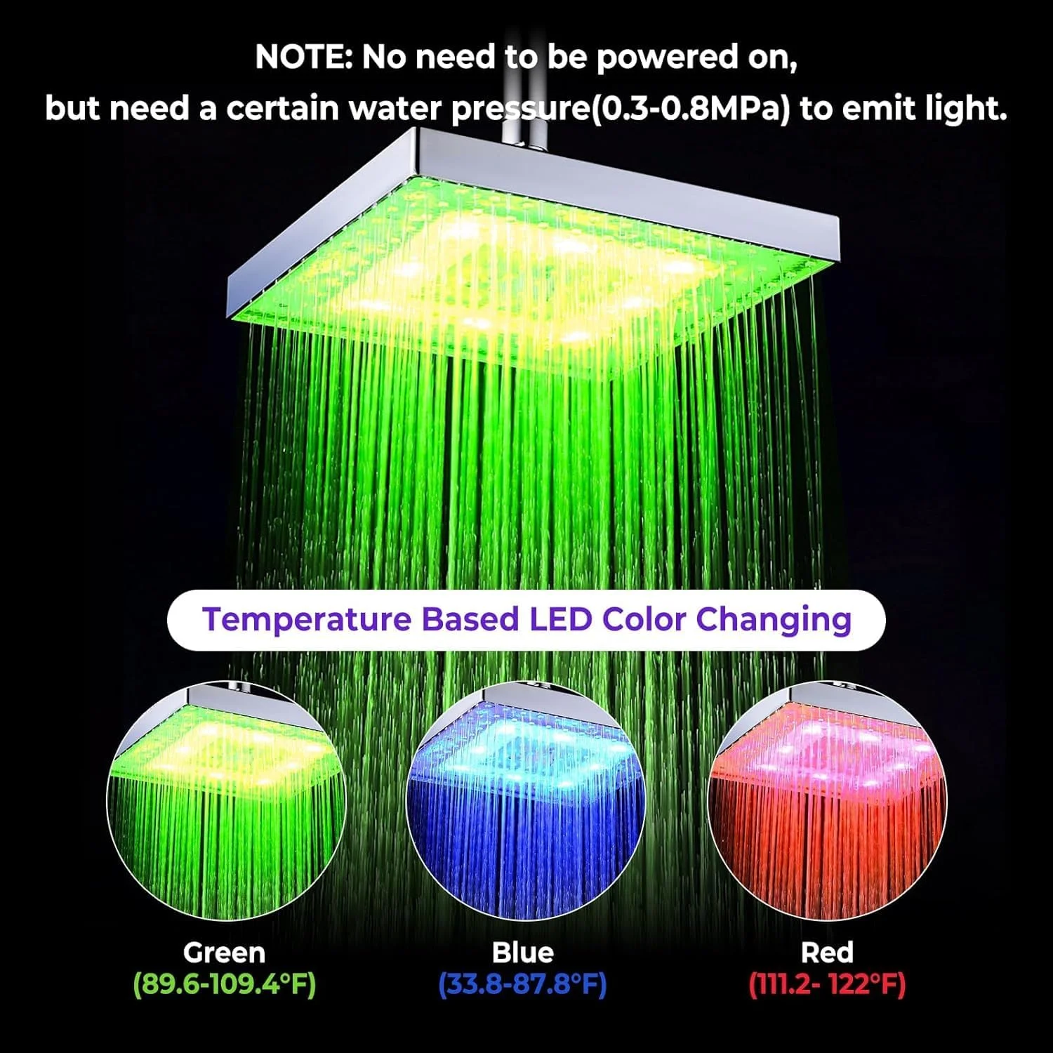 سردوش بارانی مربعی 8 اینچی Azonee با چراغ های LED، قابلیت نصب دیواری و سقفی، کنترل دمای ثابت، 3 گزینه تغییر رنگ برای تجربه دوش نهایی