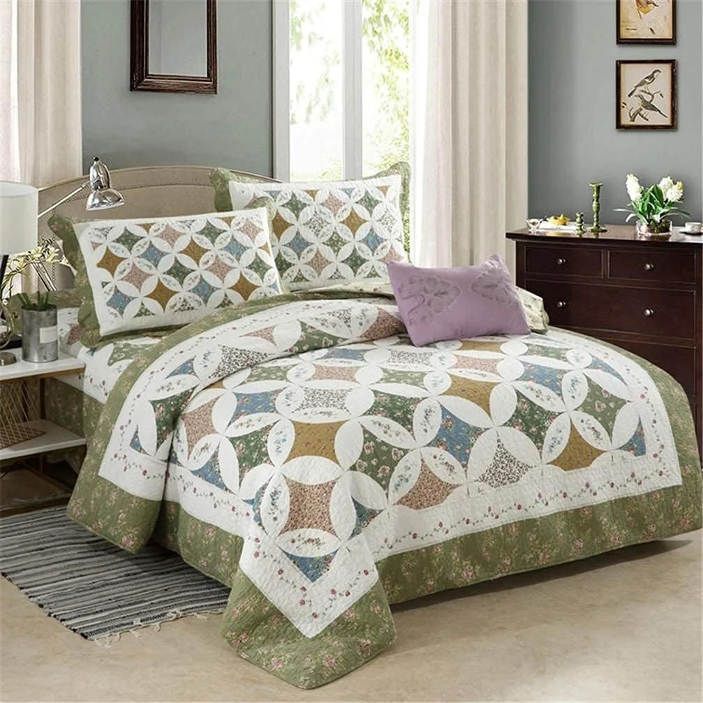 روتختی لحافی طرح تکه دوزی 4 تکه، ست روتختی لحافی دو نفره و کینگ سایز 250cm x 230cm، سبز، 4 تکه، سبز-3 تکه