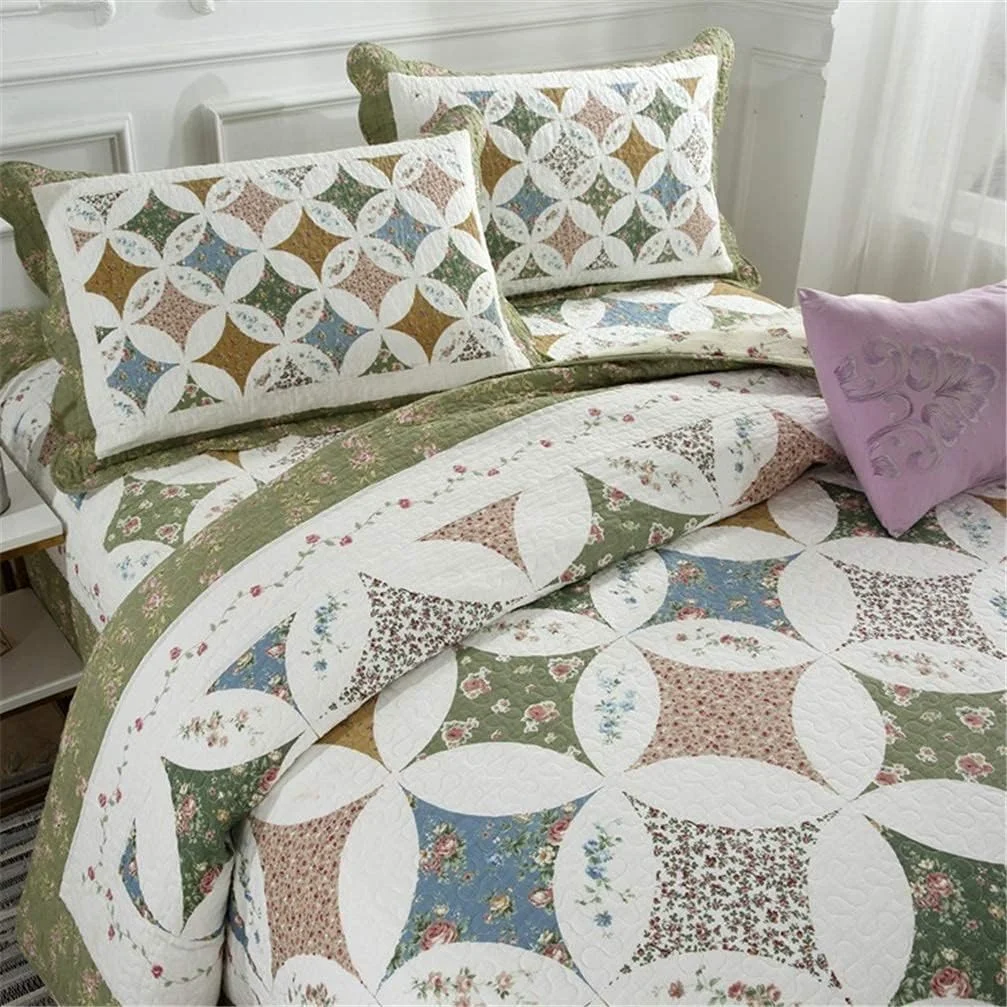 روتختی لحافی طرح تکه دوزی 4 تکه، ست روتختی لحافی دو نفره و کینگ سایز 250cm x 230cm، سبز، 4 تکه، سبز-3 تکه