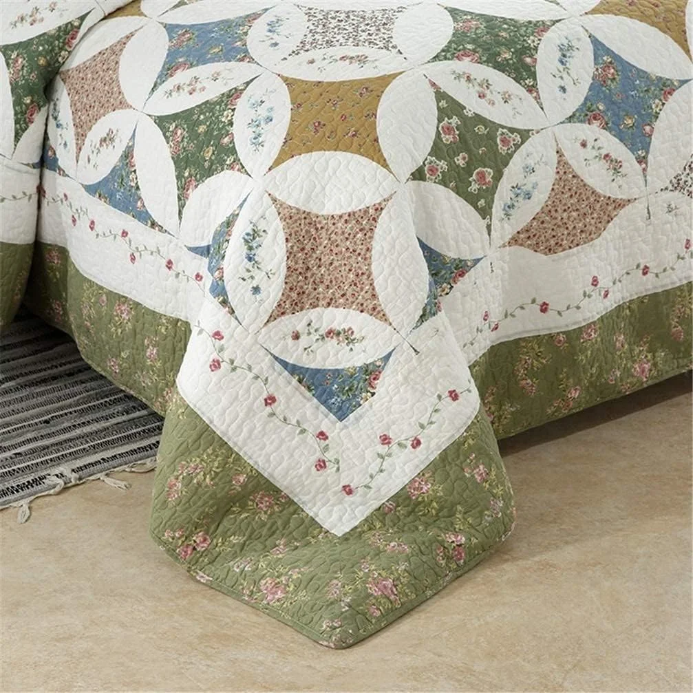 روتختی لحافی طرح تکه دوزی 4 تکه، ست روتختی لحافی دو نفره و کینگ سایز 250cm x 230cm، سبز، 4 تکه، سبز-3 تکه